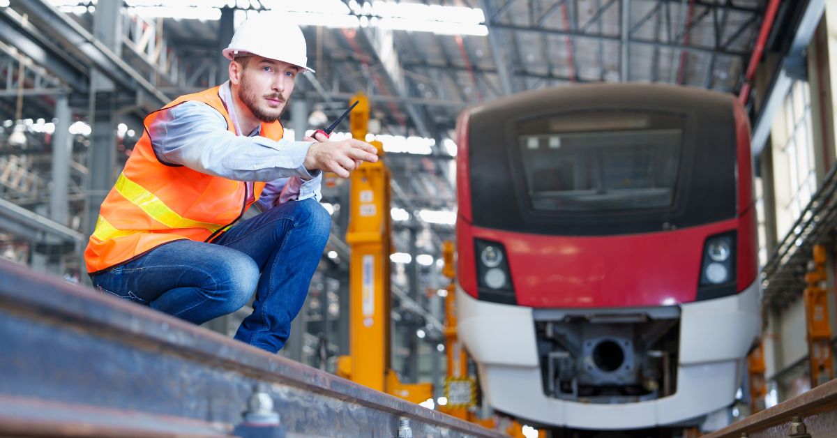 An engineer in safety gear uses a two-way radio while pointing at subway rails where a red train is positioned.