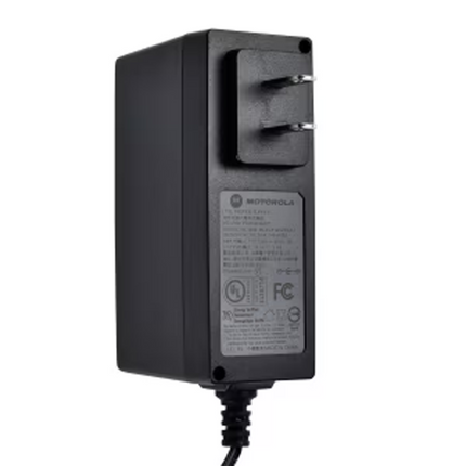 Front angle view of the Motorola 25012022001 15W AC power supply transformer with US wall plug pins.