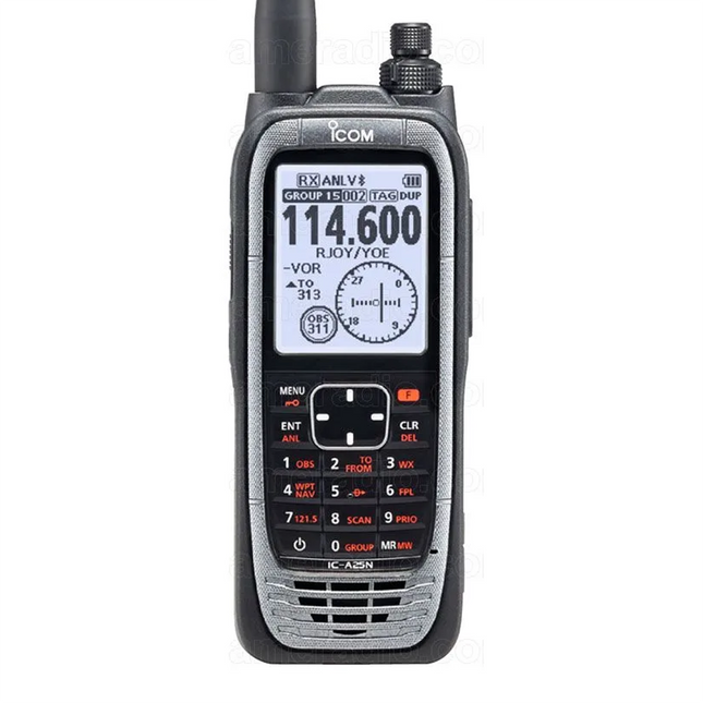 Front view of the Icom A25 aviation handheld radio series detailing the wide high-visibility display panel and keypad grid.