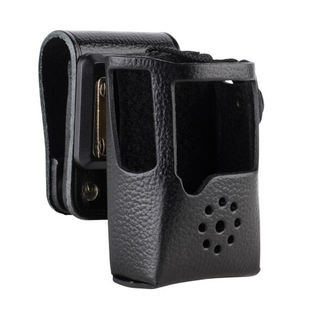 Front view of the Motorola AAM22X502 hard leather swivel case with clear display window.