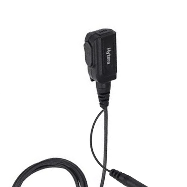 Close-up of the in-line Push-To-Talk button and sensitive microphone on Hytera ACN-02P.