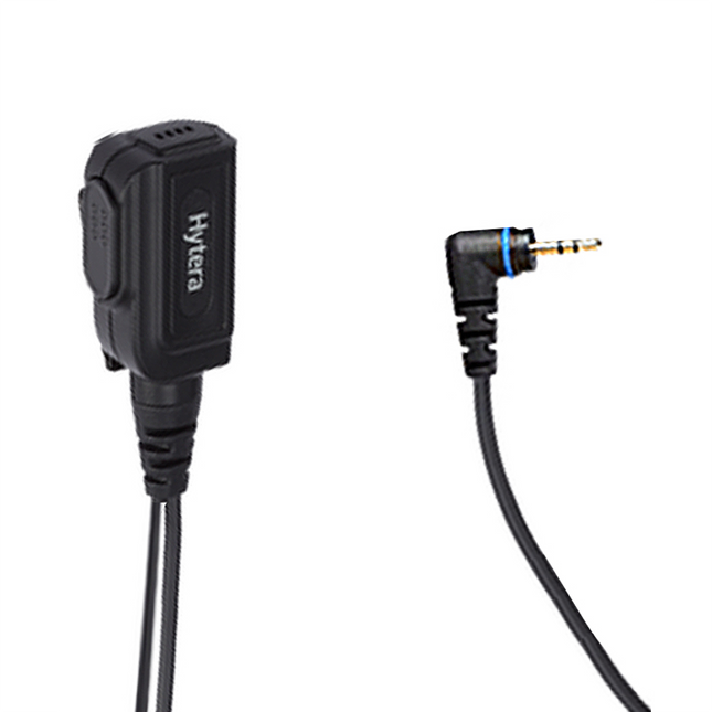 Close-up of the integrated Push-To-Talk button, microphone, and clothing clip on Hytera ACS-01.