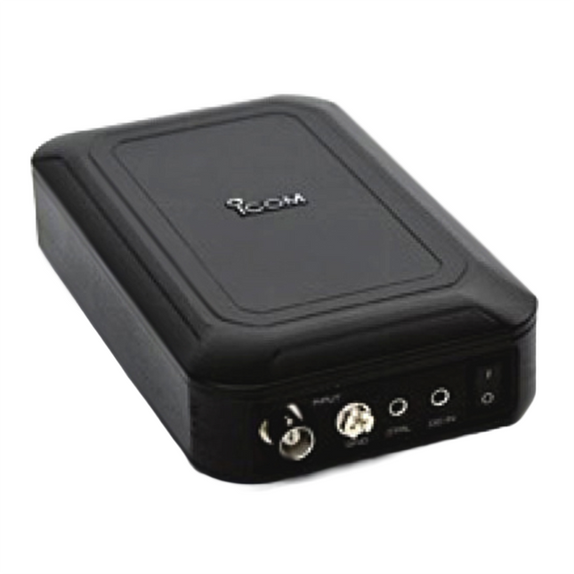 Side panel view of the Icom AH705 highlighting the BNC radio input port and weatherproof rubberized jack covers.