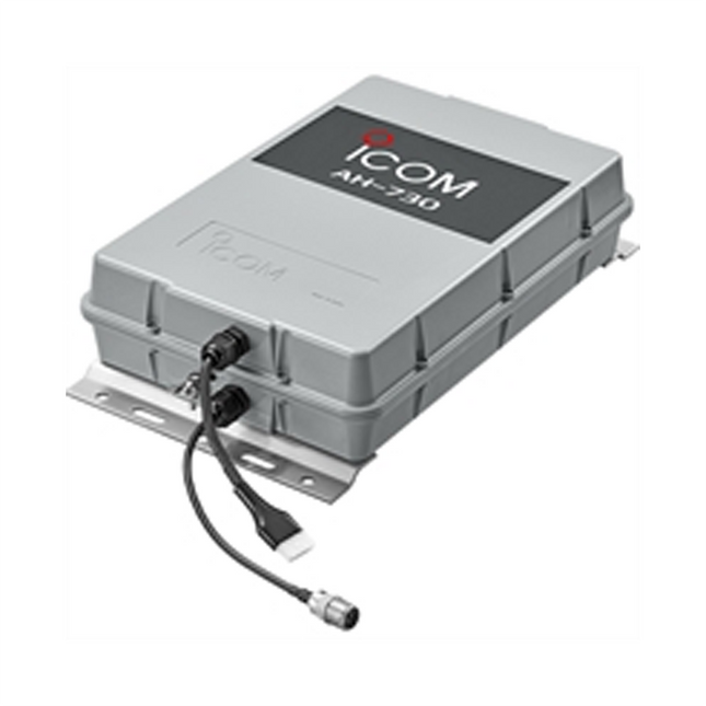 Front view of the rugged black Icom AH730 automatic antenna tuner highlighting the secure antenna terminal post and weatherproof resin frame.
