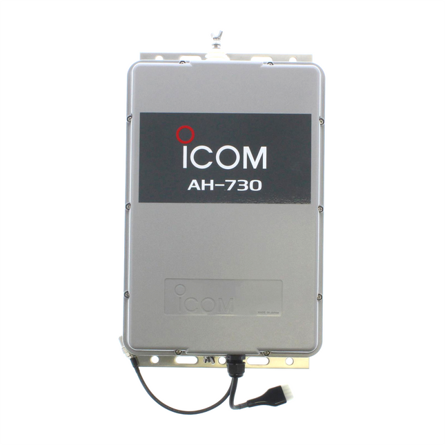Underside view of the Icom AH730 showing the external SO239 coaxial connection slot and shielded 4 pin control cable connection port.