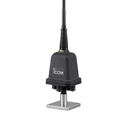 Close-up detail of the heavy-duty spring mount and SO-239 connector on the Icom AH740 antenna.