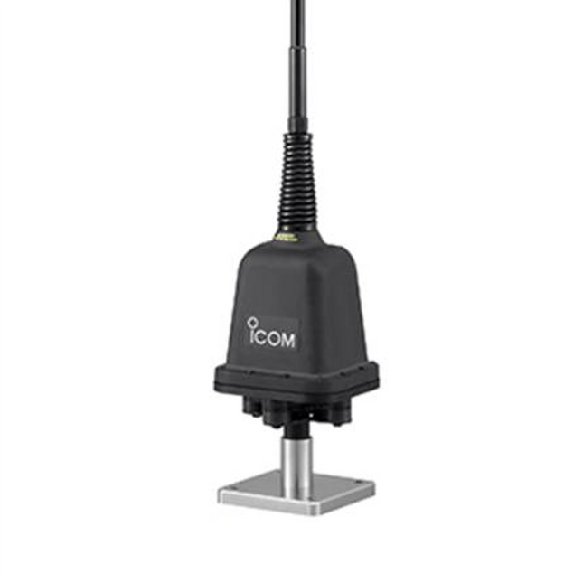 Close-up detail of the heavy-duty spring mount and SO-239 connector on the Icom AH740 antenna.
