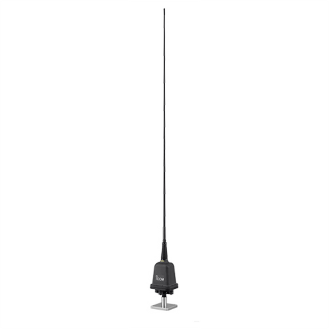Front view of the Icom AH740 compact automatic tuning HF antenna base and whip assembly.