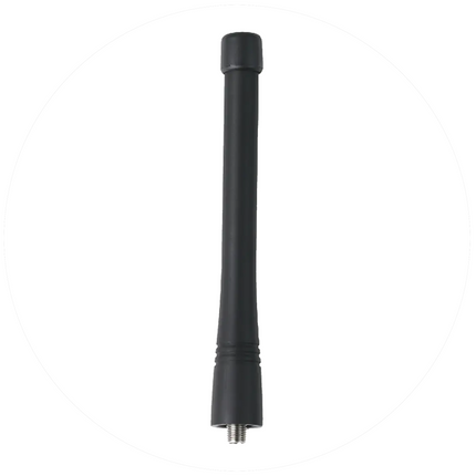 The compact Hytera AN0160H16 stubby VHF antenna mounted securely to the top deck of a commercial portable radio.