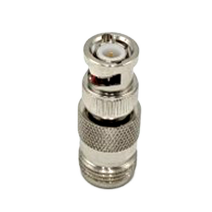 The Atlantic Radio N Female to BNC Male RF adapter displaying the threaded jack and twist-lock bayonet ends.