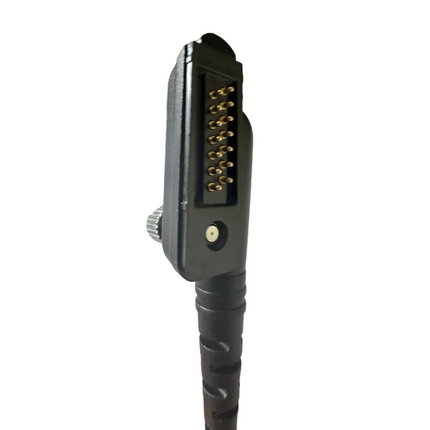Close-up of the 14-pin threaded multi-pin radio connector on the Atlantic Radio ATL-AT1-F52 earpiece cable.
