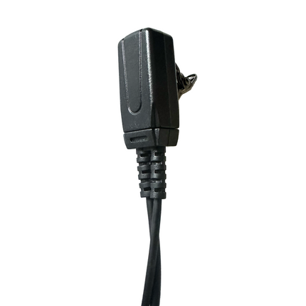 Detailed view of the inline PTT microphone module featuring a 360-degree rotating lapel attachment clip.