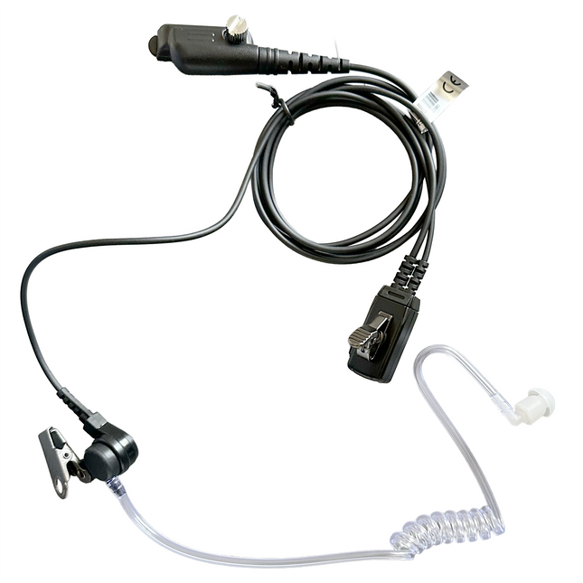 Atlantic Radio ATL-AT1-F52 1-wire acoustic tube earpiece with inline PTT microphone and clear coiled tube.