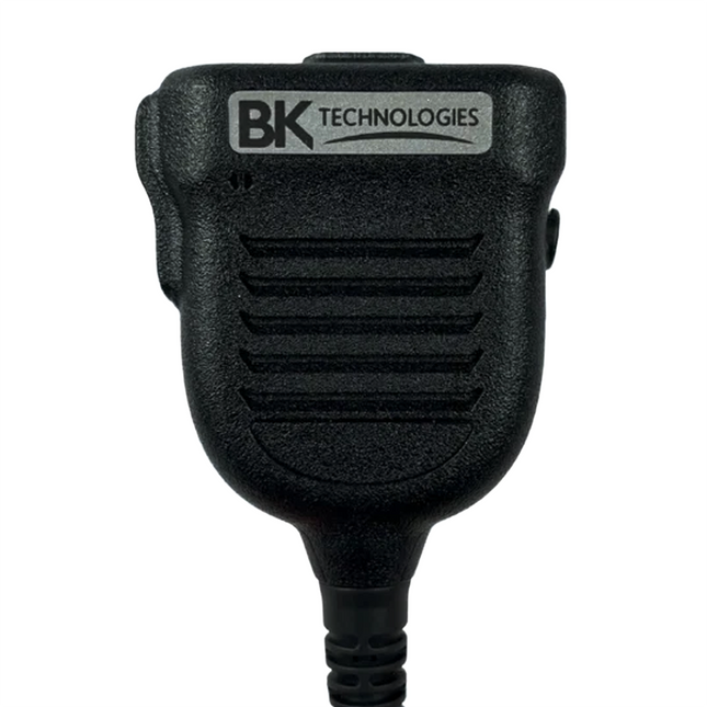 Front view of the BK Technologies BKR0210 compact IP68 remote speaker microphone with emergency button.
