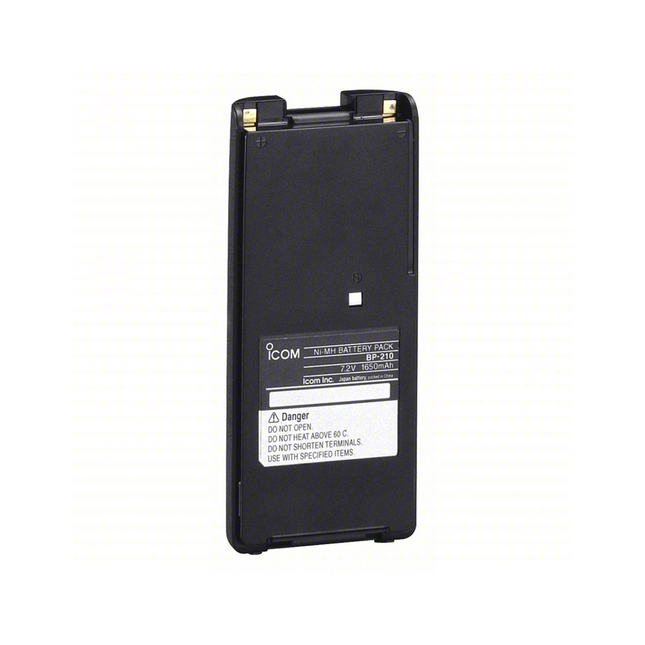 Authentic Icom BP210N Ni-MH battery pack locked onto the back of a handheld radio transceiver.