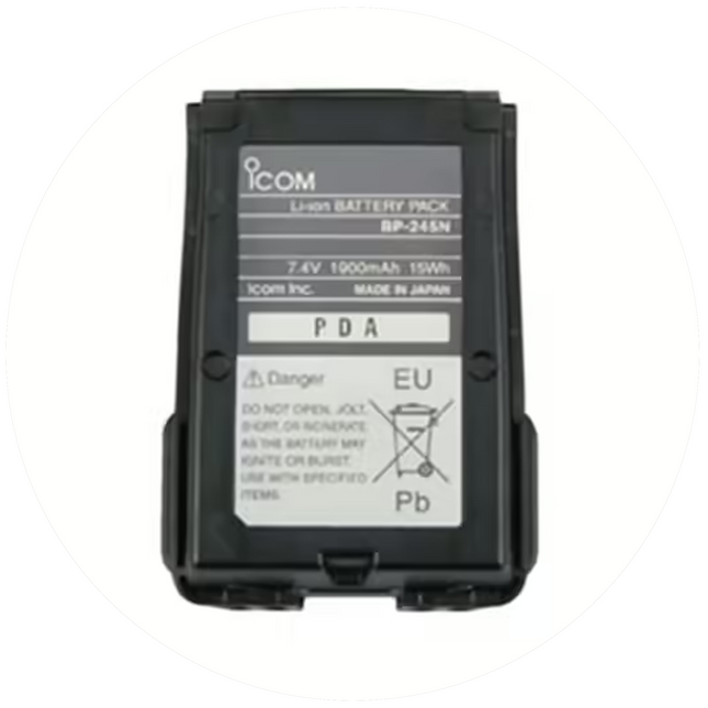Front view of the black Icom BP245H lithium-ion battery pack showcasing its rugged textured outer casing.