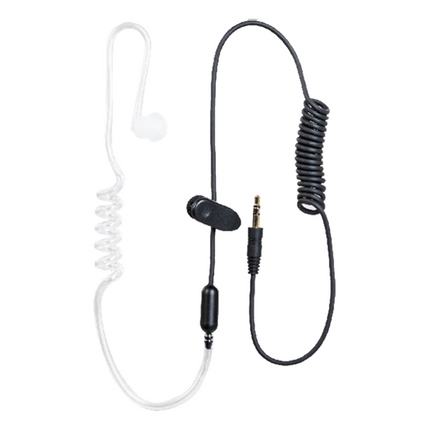 The complete Hytera EA-01 earpiece kit laid out with its integrated clothing retention strain relief clip.
