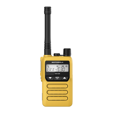 Front view of the Motorola EVX-S30 UHF digital portable two-way radio in high-visibility yellow.