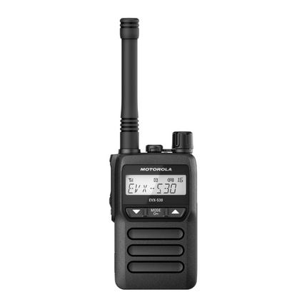 Front angle view of the compact black Motorola EVX-S30 digital handheld radio with display.