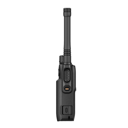 Side profile showing programmable button and antenna on the yellow Motorola EVX-S30 two-way radio.