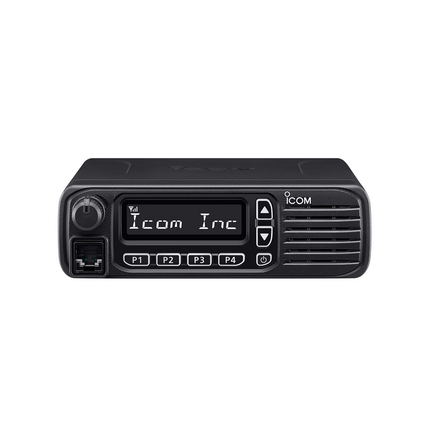 Front panel profile angle of the Icom F5130D mobile transceiver showing the 8-character display and four P-keys.