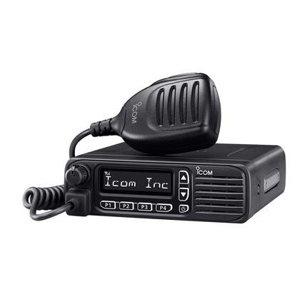 Icom F5130D / F6130D series IDAS mobile two-way radio featuring a high-contrast black background display and 4W speaker.