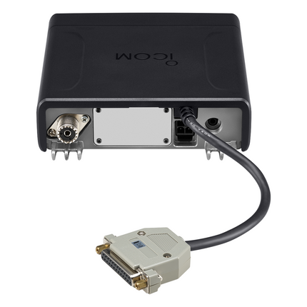 Rear chassis view of the Icom F5330D / F6330D black box main unit displaying antenna, DC power, and Ethernet PoE connectors.