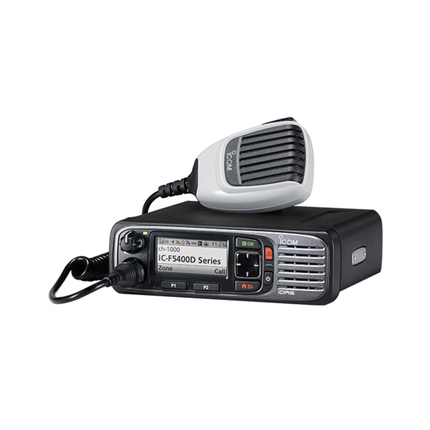 Icom F5400D and F6400D Digital Mobile Two-Way Radios displaying the high-contrast front panel color display.