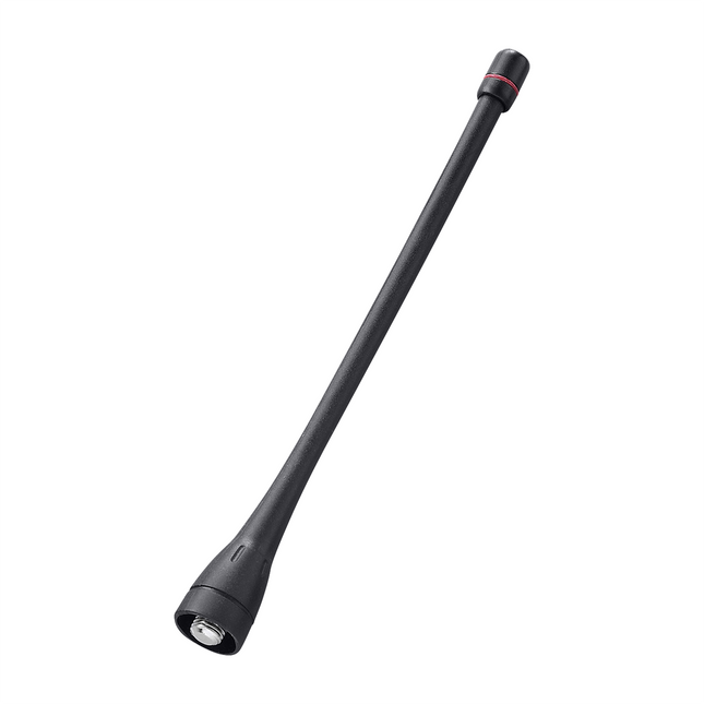 Icom FASC57U UHF flexible antenna showing the 430-470 MHz whip element and red tip indicator.