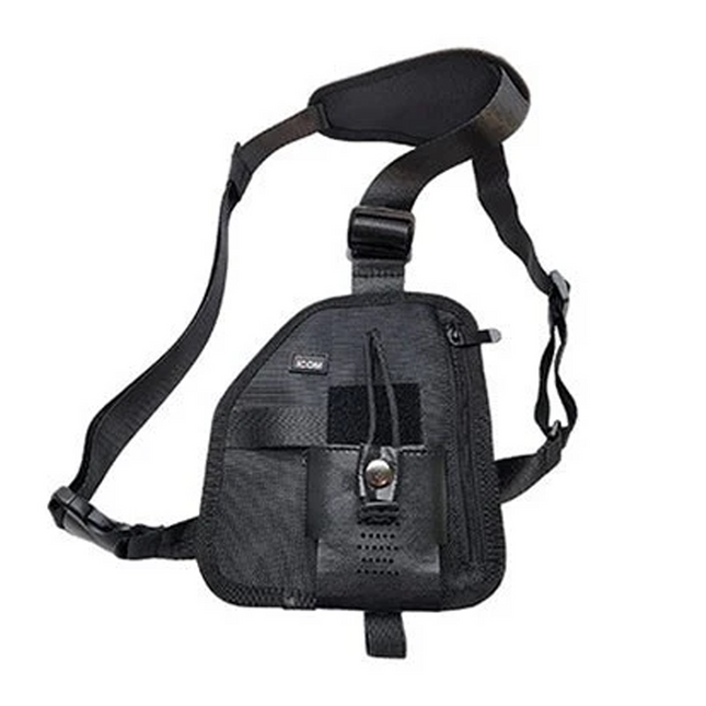 Front view of the black Icom G1004 leather radio holder showing its form fitting protective sleeve design.