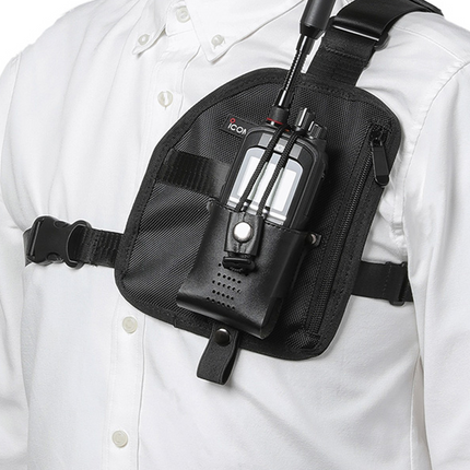 The genuine Icom G1004 leather radio holder housing a commercial portable transceiver on a duty belt.