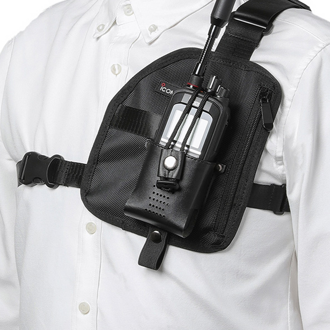 The genuine Icom G1004 leather radio holder housing a commercial portable transceiver on a duty belt.