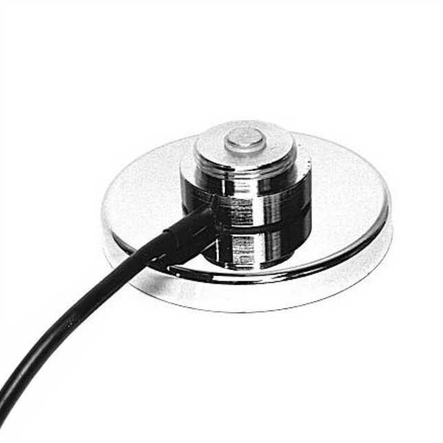 PCTEL G chrome-plated magnetic NMO mount with 12 foot RG-58A/U coaxial cable and bare wire end.