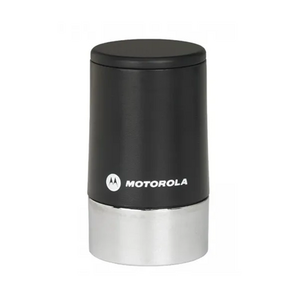 Front view of the black Motorola HAF4013A low-profile UHF mobile antenna highlighting the permanent through-hole mounting base.