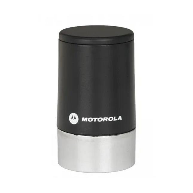 Front view of the black Motorola HAF4013A low-profile UHF mobile antenna highlighting the permanent through-hole mounting base.