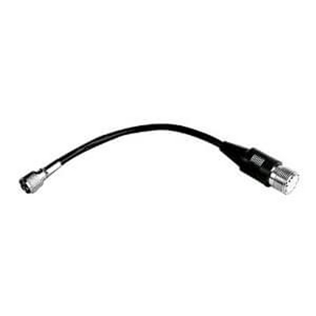 Front view of the black Motorola HKN9557A adapter cable highlighting its 8 Inch long flexible coaxial layout profile.
