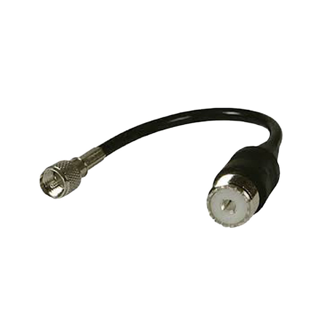 Close up view of the precision male mini-UHF connector stud on the termination end of a Motorola HKN9557A cable.