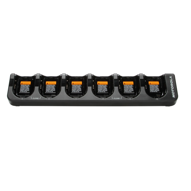 Front view of the Motorola HKPN4007A CLP series 6-pocket multi-unit rapid desktop charger.