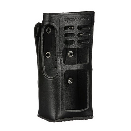 Front view of the Motorola HLN9689A hard leather carry case with cutout for DTMF keypad radios.