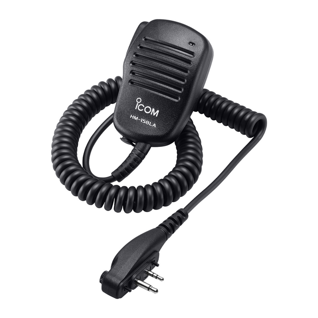 Close-up of the 2-pin screw-down right-angle connector on the Icom HM158LA speaker mic.