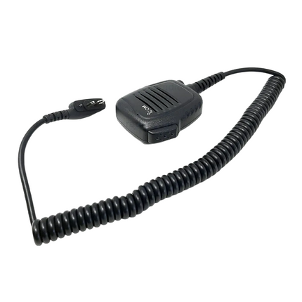 Clear view of the reinforced 2-pin screw-on right-angle connector type plug assembly of the Icom HM159LA.