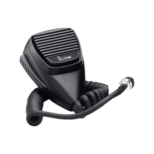 Front view of the black Icom HM176 aviation hand microphone highlighting its durable chassis design.
