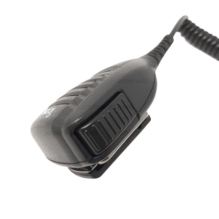 Close-up detail of the large PTT button and heavy-duty 360-degree clip on the Icom HM184 speaker mic.