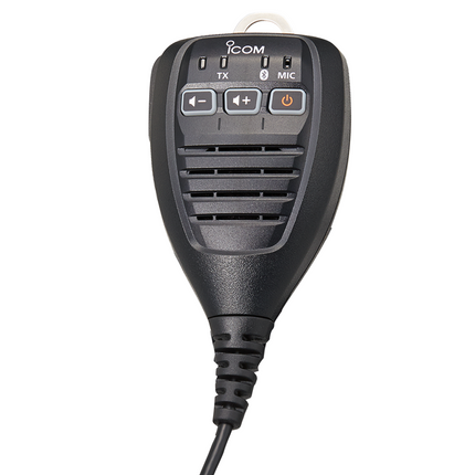 Close-up detail of the UP/DOWN buttons and connection LED on the Icom HM215 mic.