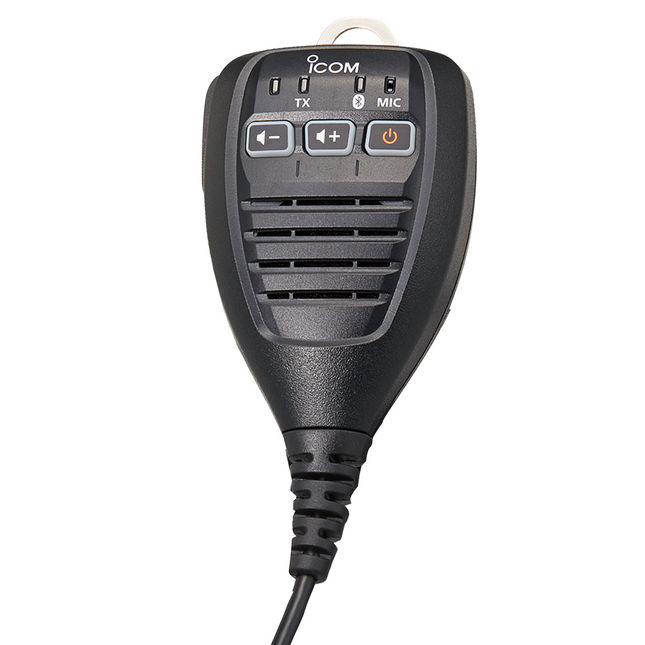 Close-up detail of the UP/DOWN buttons and connection LED on the Icom HM215 mic.