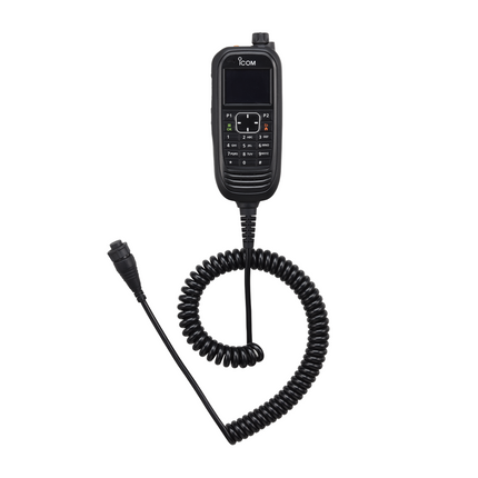 Icom HM218 remote control command microphone showcasing its durable IP55 dust and water-resistant outer housing.