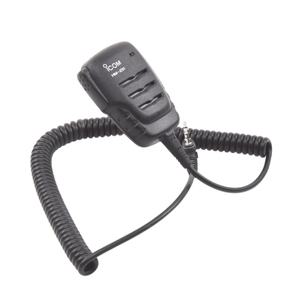 Close-up of 2-pin slim L-type connector on the Icom HM231 speaker microphone cord.