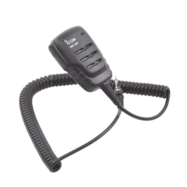 Close-up of 2-pin slim L-type connector on the Icom HM231 speaker microphone cord.