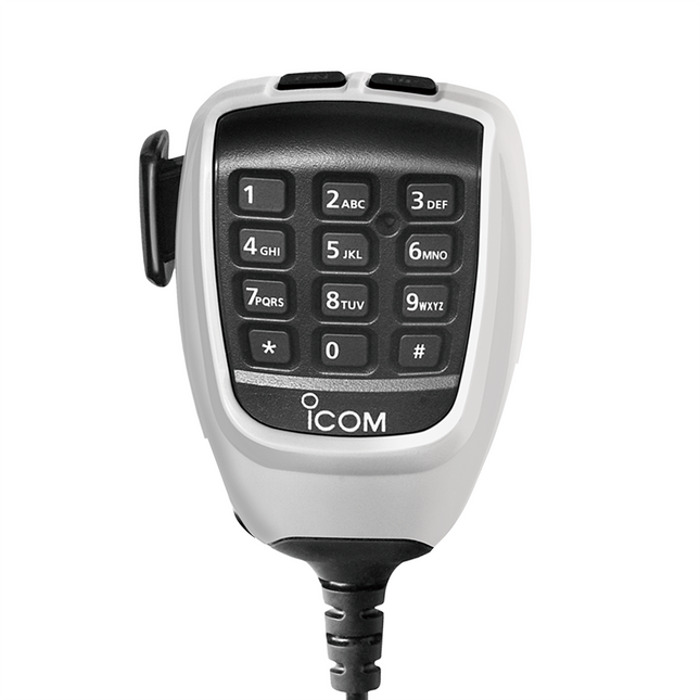 Detailed shot of the professional 10-pin interface connector on the durable coiled cord of the Icom HM258T microphone.