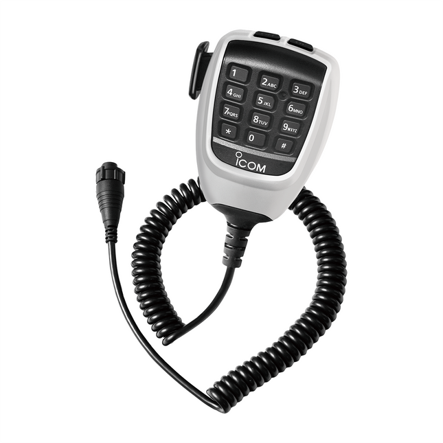 Front view of the Icom HM258T DTMF mobile hand microphone highlighting the full backlit keypad and push to talk button.